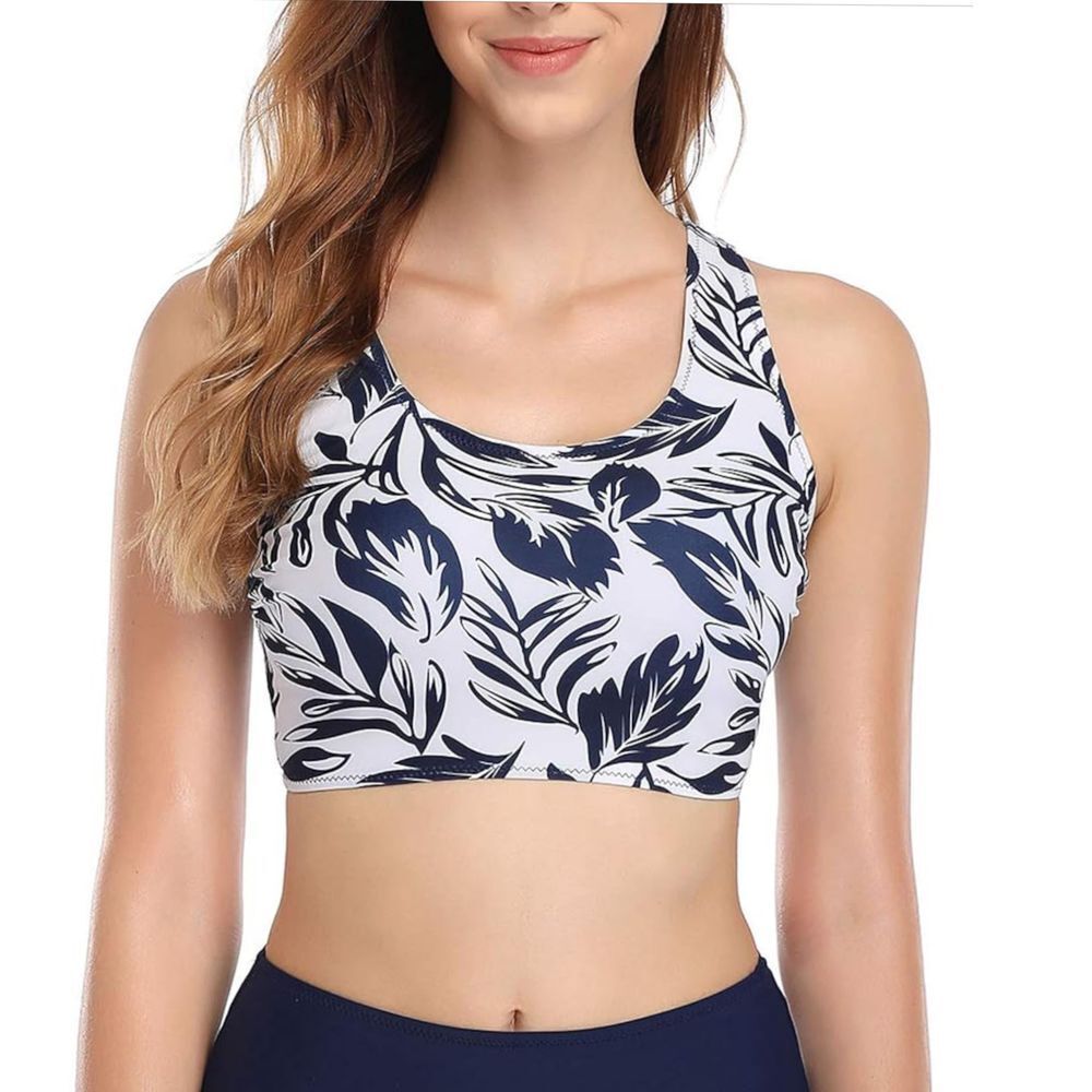 Navy & White Floral Print Bikini top Athletic‎ Sporty Wide Band swim top XL